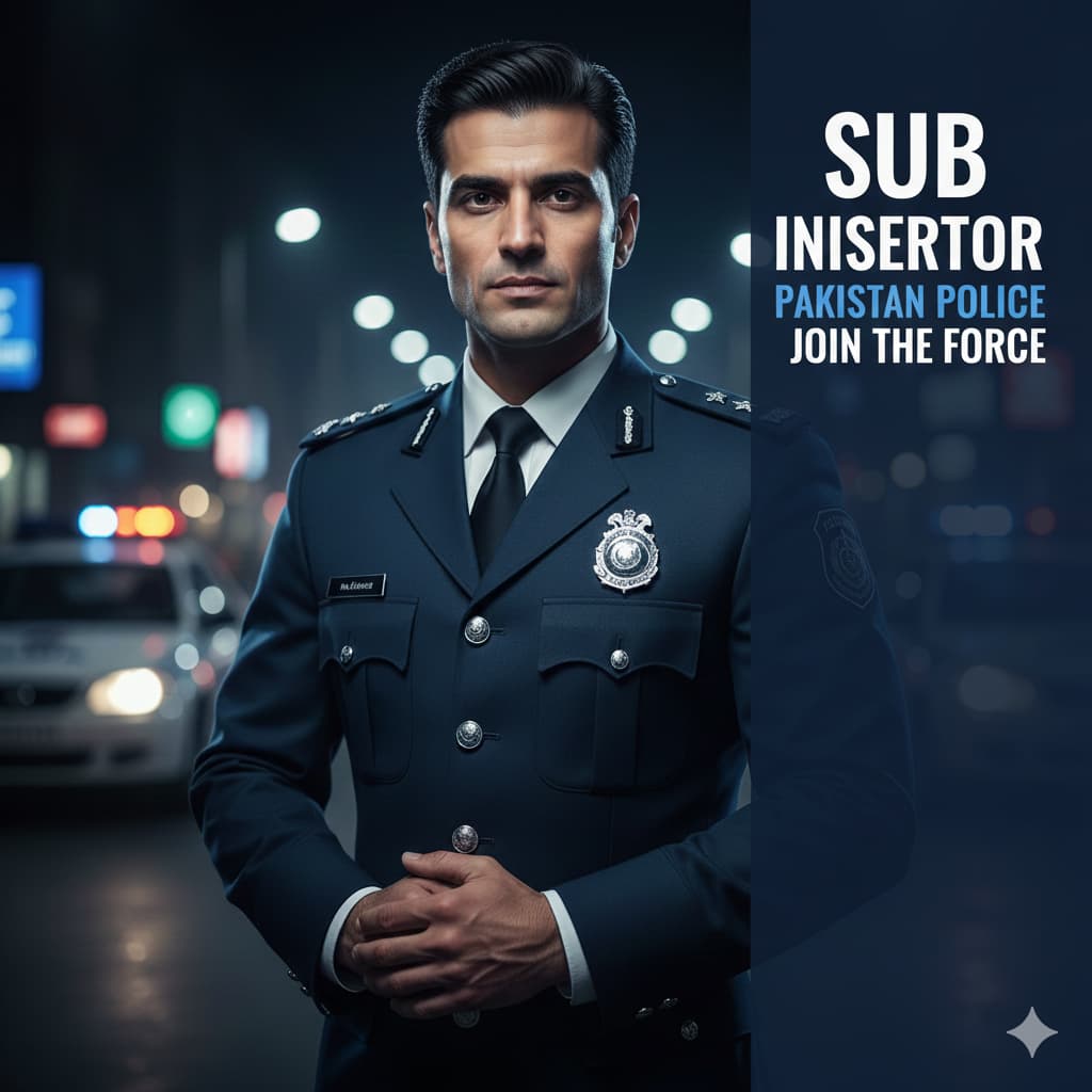 Pakistani police Sub Inspector standing in uniform for recruitment and job advertisement