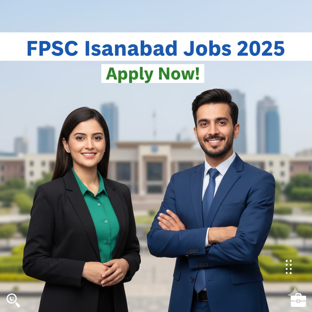 A professional banner showing FPSC Islamabad Jobs 2025 with government buildings, official recruitment theme, and latest federal vacancies announcement.