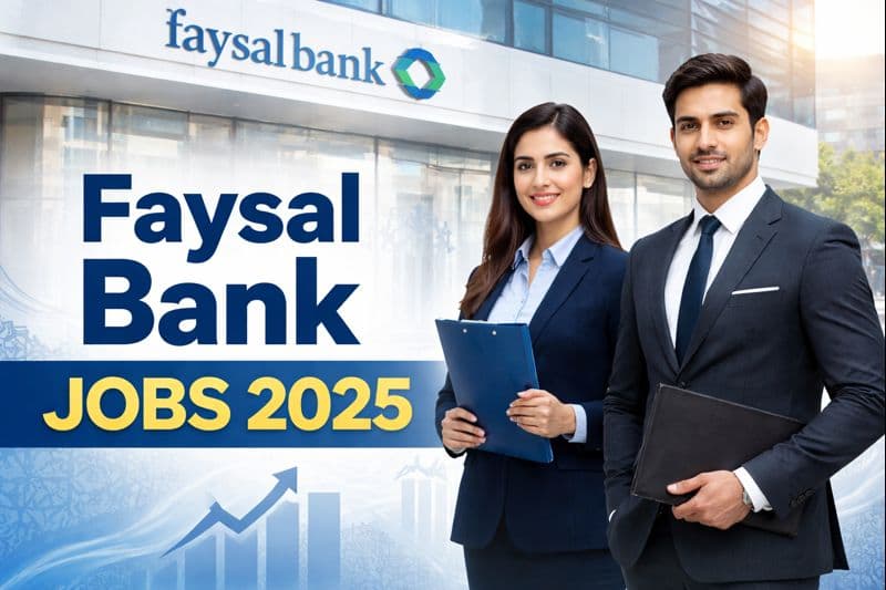 Faysal Bank Jobs 2025 showing professional banking staff standing in front of a modern Faysal Bank branch building in Pakistan