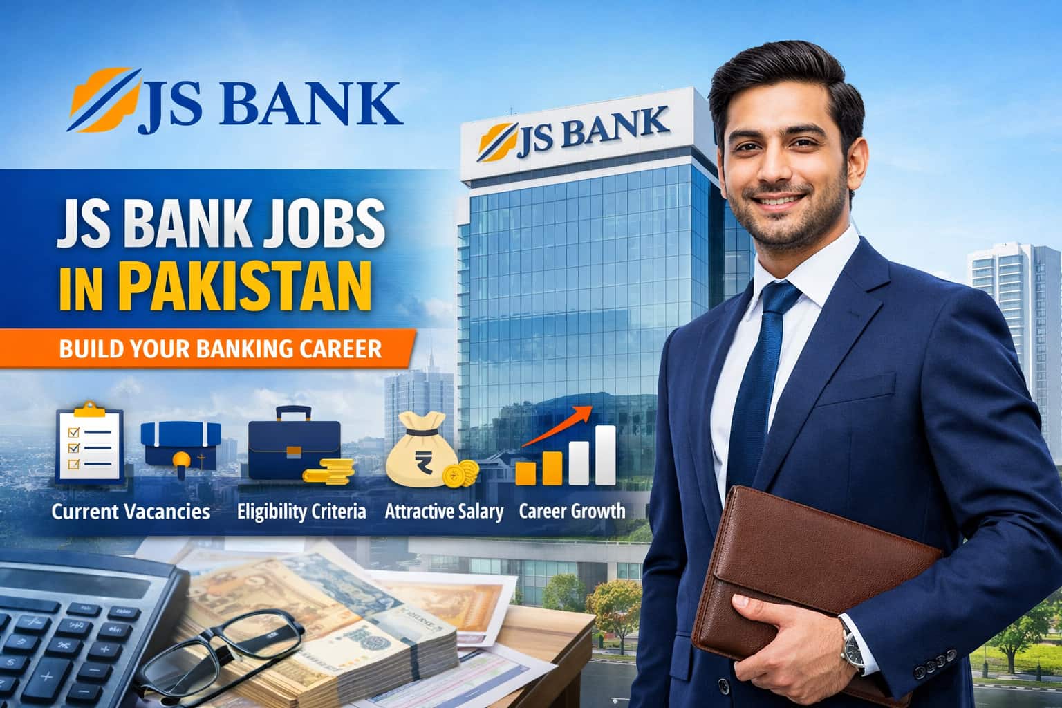 JS Bank Jobs 2026 recruitment banner showing professional bankers and nationwide banking career opportunities in Pakistan