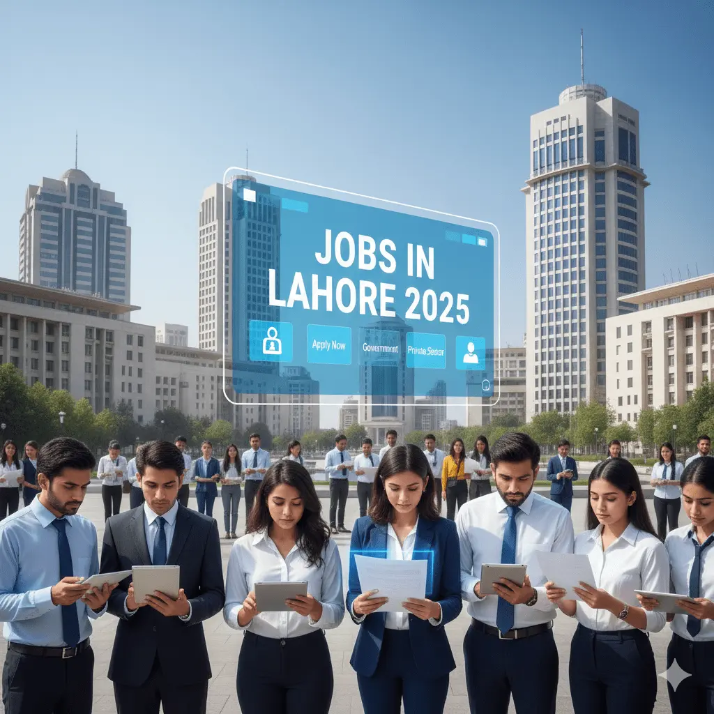 Professional illustration showing job seekers searching for latest jobs in Lahore 2025 with city skyline and recruitment elements.