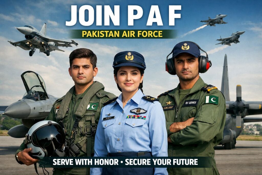 Join P A F recruitment guide image showing Pakistan Air Force officers and aircraft, representing official application and secure career opportunities in Pakistan.