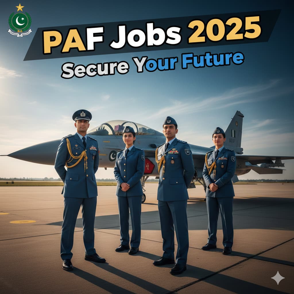 Pakistan Air Force jobs 2025 advertisement showing uniformed PAF personnel highlighting government career opportunities, salary, eligibility, and online application in Pakistan