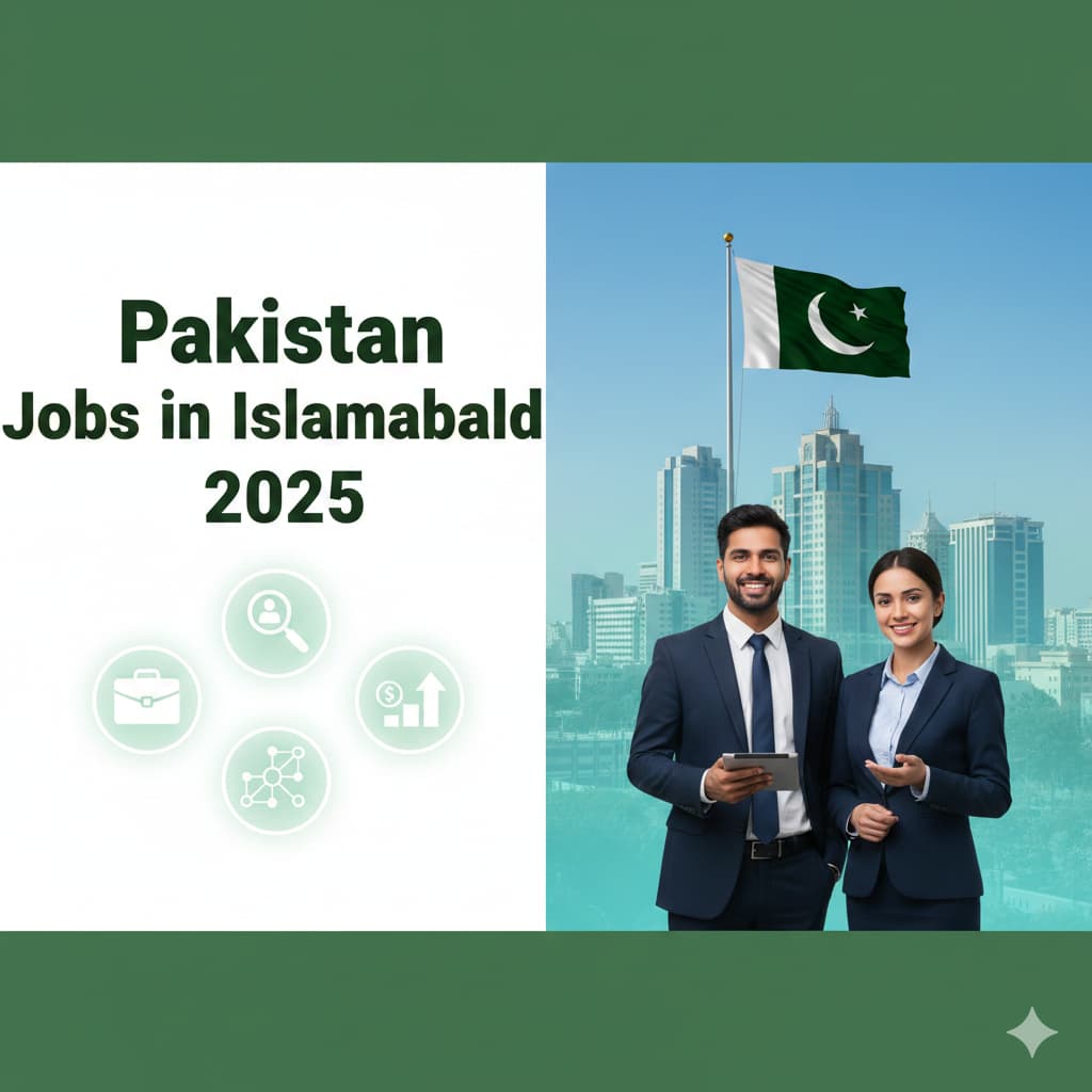 A professional thumbnail showing Pakistan jobs in Islamabad 2025 with city skyline, office icons, and job vacancy theme.