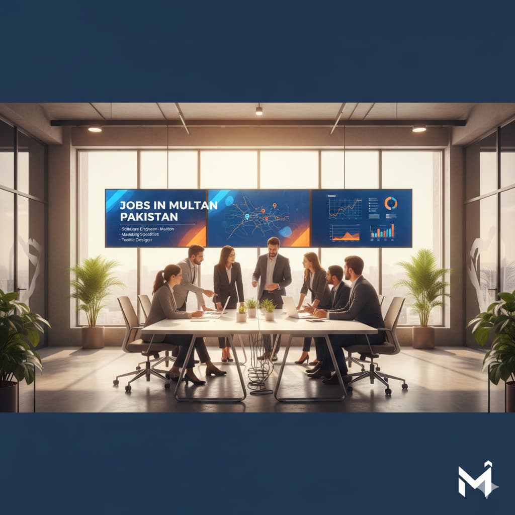 Top Jobs in Multan Pakistan 2025 featuring employment opportunities, corporate workers, and Multan city backdrop